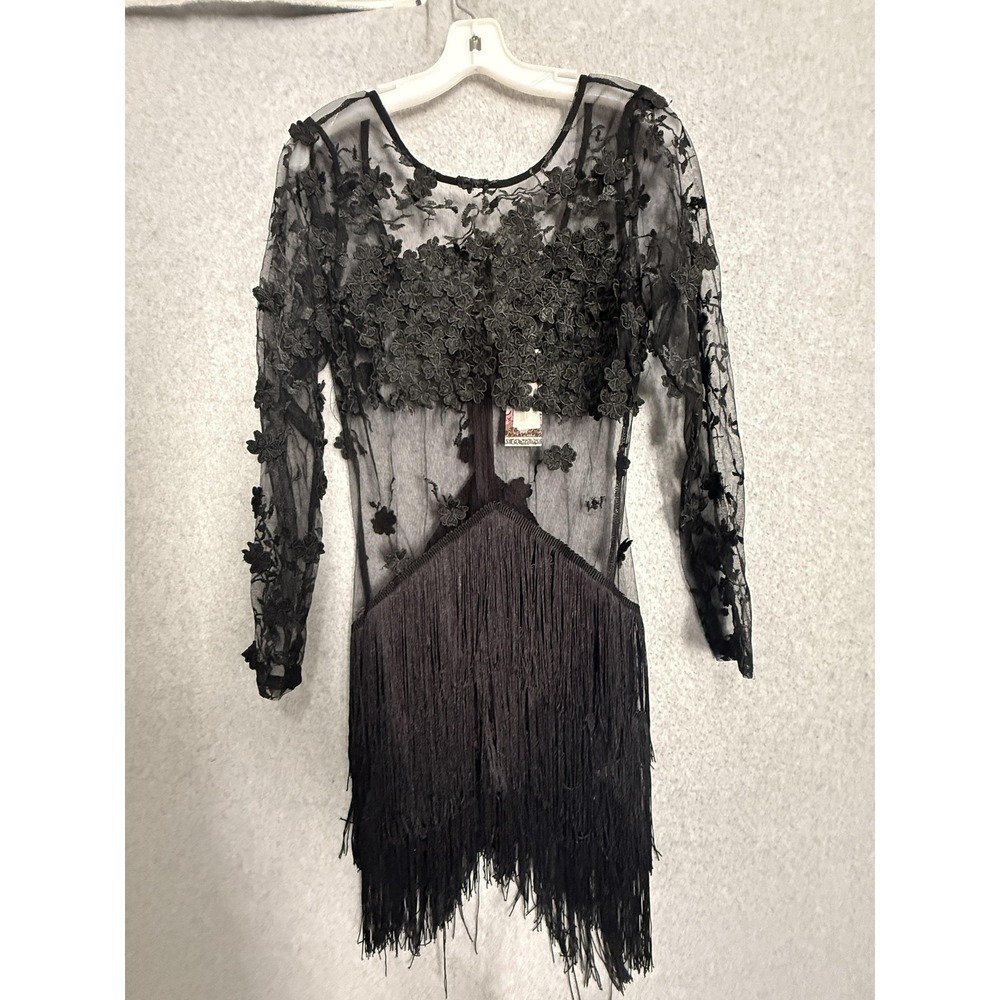F&P Dress Womens 6 Black Sheer Lace Fringe Bodycon Mini Flapper Party Cocktail
